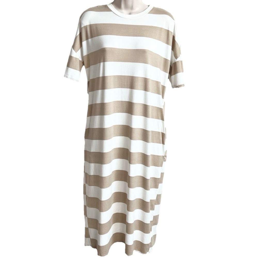Bombom Striped Crew Neck Short Sleeve Pullover Midi Dress White Tan Women’s S